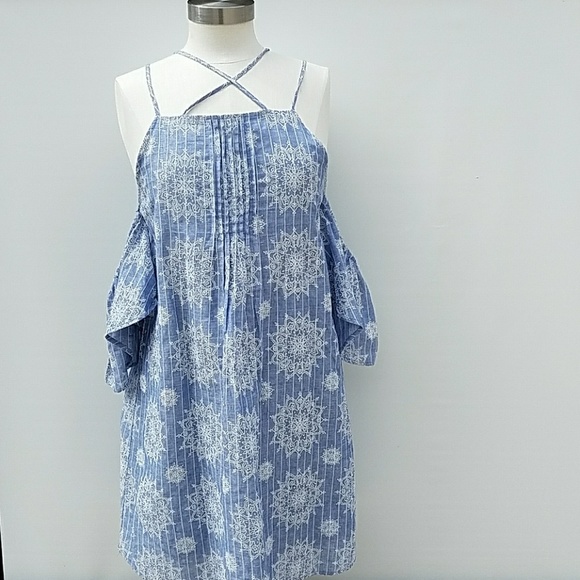 Blue Pepper Chambray Embroidered Cold Shlder Dress - Picture 1 of 8